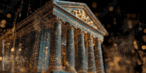 Abstract depiction of digital banking technology with intricate designs illustrating a bank building merged with data streams and cyber elements