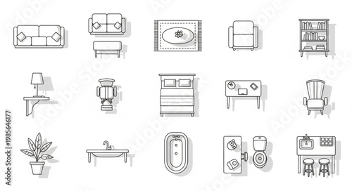 Collection of hand-drawn furniture and home decor icons.