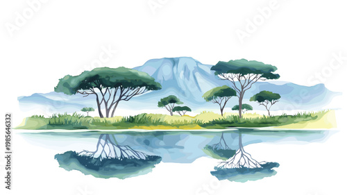 Lake Manyara. Lake Manyara hand drawn watercolor illustration on white background