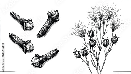 Hand drawn vintage botanical illustration of dried organic cloves and cumin spice plants on white background for culinary and herbal medicine design