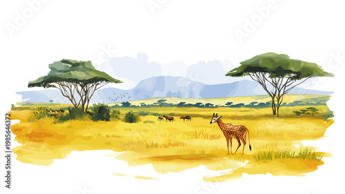 Maasai Mara National Reserve. Maasai Mara National Reserve hand drawn watercolor illustration on white background