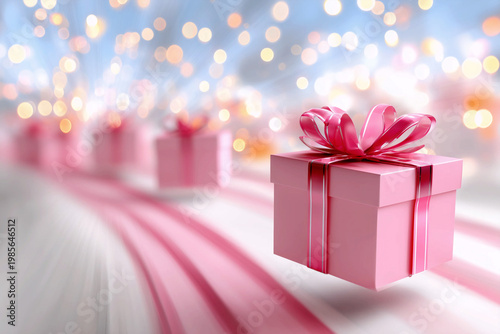 Floating pink gift box with elegant ribbon and falling rose petals over a soft bokeh background. AI generated