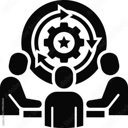 Team collaboration with circular flow and gear symbolizing ongoing process and improvement.
