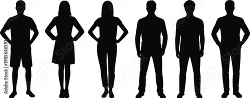 Standing human silhouettes variation posture clothing style design art flat vector