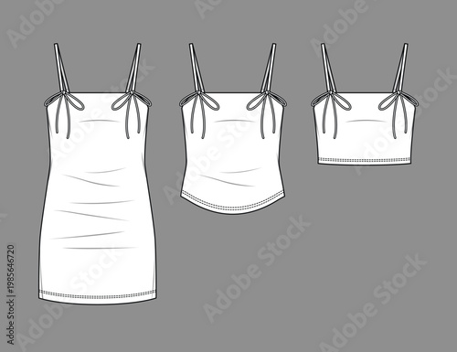 Mini Dress and Strapless Bow Top CAD, Fashion Technical Drawing, Flat Sketch Vector, Slim Fit Jersey 3-Piece Set, Front and Back