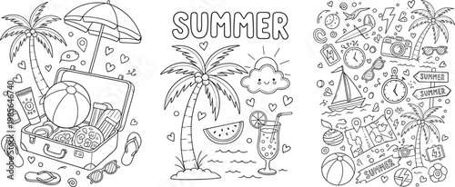 Hand Drawn Summer Vacation Doodle Illustration Featuring Tropical Palm Trees Travel Suitcase Beach Umbrella And Seasonal Elements For Creative Holiday Graphic Design And Backgrounds