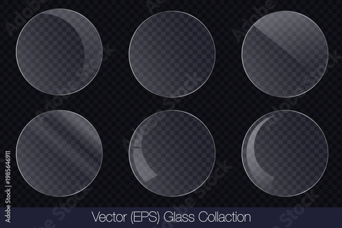 Realistic 3D glass transparent circle frame with glare, flat glass or plastic plate, flat transparent glass lens, realistic screen glass, window mockup, vector (EPS) illustration