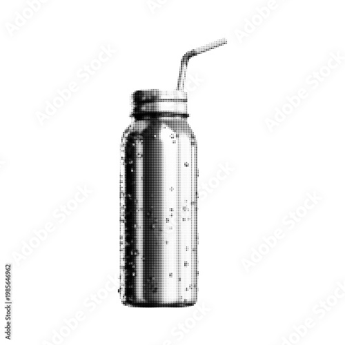 Halftone-style illustration of a reusable water bottle with a screw-top lid and a bent straw. The bottle is depicted in a dotted black-and-white pattern, giving it a vintage, textured look. It appears