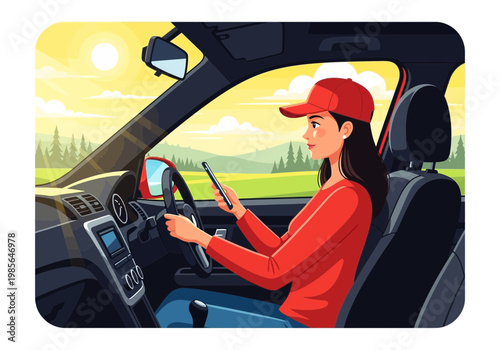 Young woman driving a car while using a mobile phone