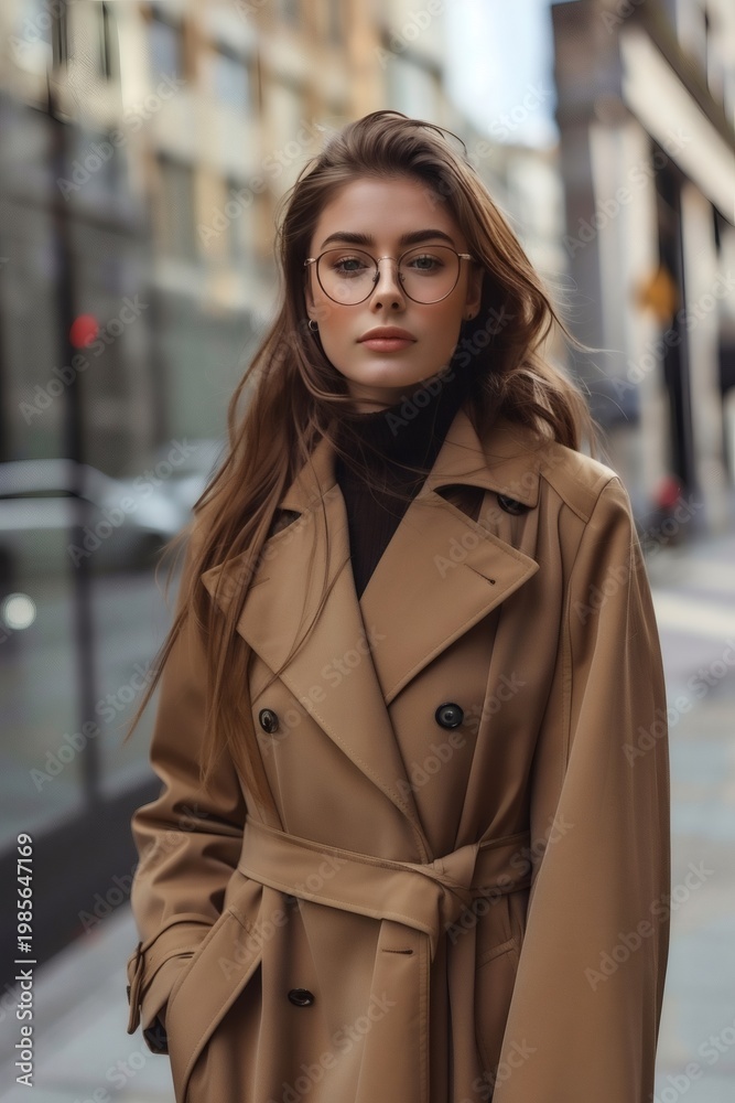 Obraz premium On the streets, a lady is wearing a long trench coat with a soft background