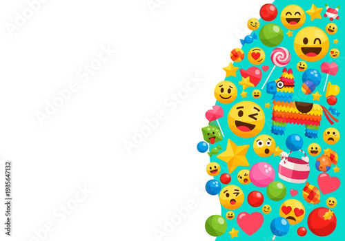 Colorful party emoji and pinata background