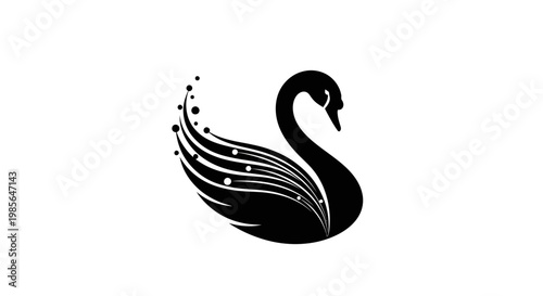 Black swan silhouette with decorative feathers.