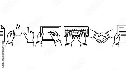 Hands illustrations. Vector concepts of hands in corporate activities. Creative line art for business presentations, teamwork, office routines, and web design.