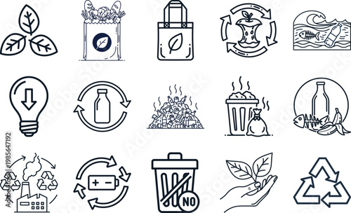 set of web icons in vector line art style. A collection of eco linear icons, Zero Waste, including recycling, waste management, composting, trash, pollution, landfill