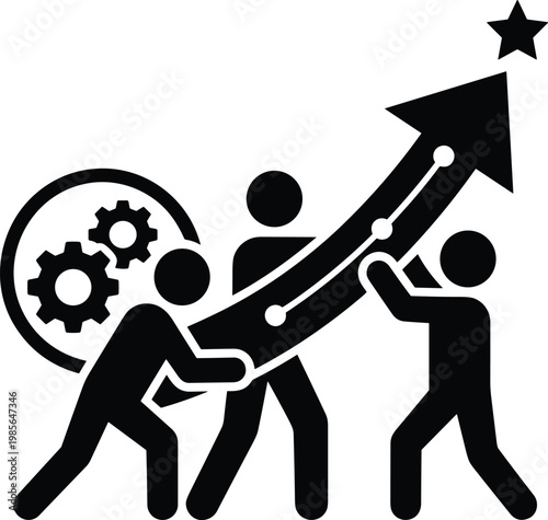 Teamwork Rising with Cogent Progress Team of three people figures work together to lift a large arrow pointing toward a star to represent collective effort and success