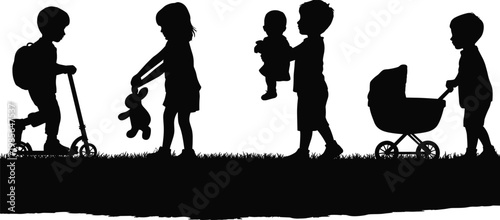 Children silhouettes playing scooter teddy bear stroller family care flat vector