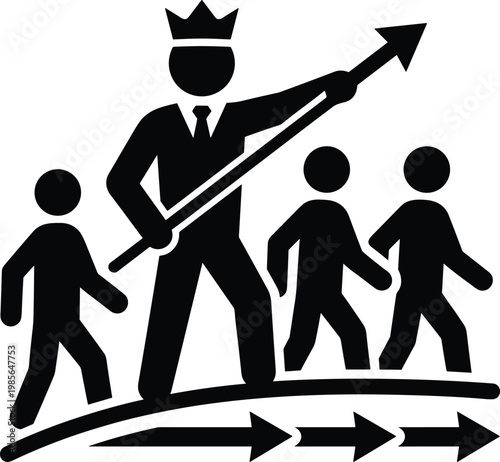 A king leads three figures upward with a rising arrow, symbolizing progress and movement forward.