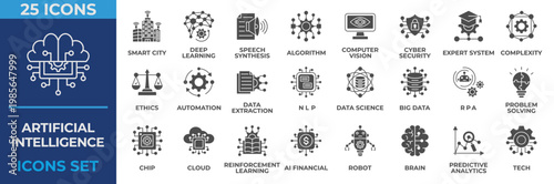 Artificial Intelligence Icon Set. Containing smart city, intelligence, deep learning, algorithm, cyber security, brain, big data, chip and more. Solid Icon Vector Illustration.