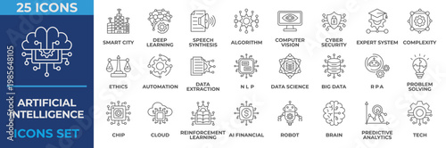 Artificial Intelligence Icon Set. Containing smart city, intelligence, deep learning, algorithm, cyber security, brain, big data, chip and more. Line Icon Vector Illustration.