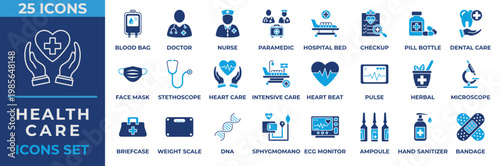 Healthcare Icon Set. Containing doctor, nurse, patient, paramedic, hospital bed, health checkup, pill bottle, dental care, stethoscope and more. Flat Blue Icon Vector Illustration