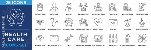 Healthcare Icon Set. Containing doctor, nurse, patient, paramedic, hospital bed, health checkup, pill bottle, dental care, stethoscope and more. Line Icon Vector Illustration