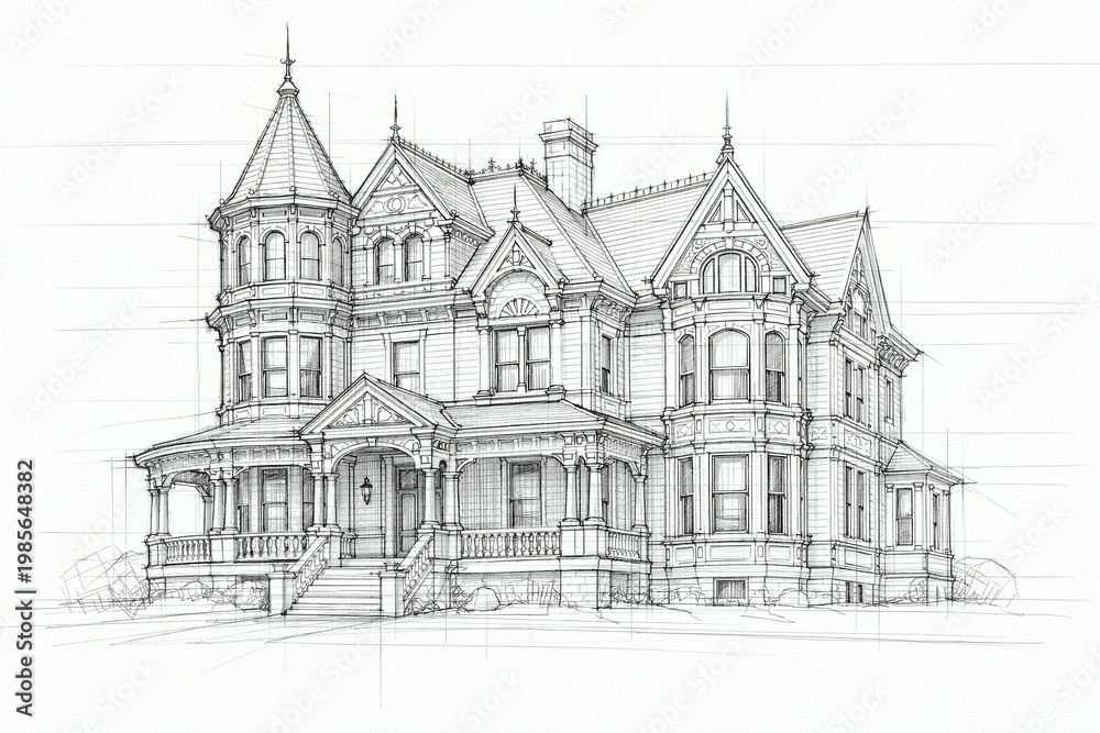Naklejka premium Victorian Style Residential House Architectural Sketch Drawing