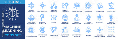 Machine Learning Icon Set. Containing robotic, neural network, processor, innovation, robotic arm, artificial intelligence, drone, futuristic and hacker. Blue Icon Vector Illustration.