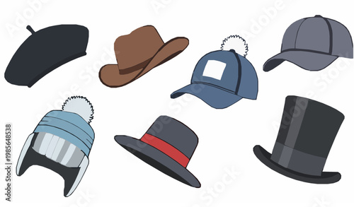 Simple flat hat icon set with six stylish headwear designs for logo and branding use