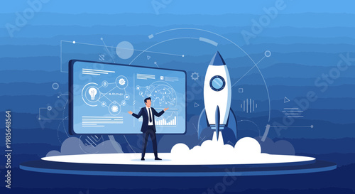 Businessman presenting rocket launch innovation.