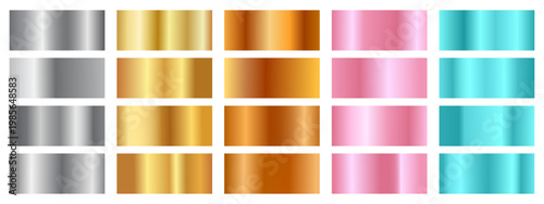 Collection of shiny, metallic silver, yellow gold, bronze, pink and teal gradients swatches