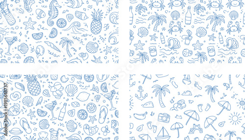 Set Of Blue Hand Drawn Summer Seamless Patterns Featuring Tropical Palm Trees Pineapple Sea Creatures And Beach Vacation Doodles For Coastal Textile Design And Backgrounds
