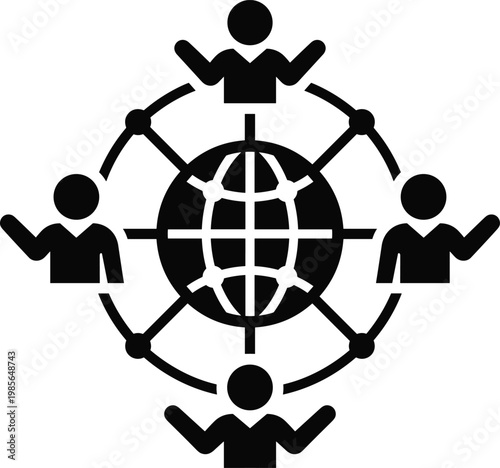 Four human icons are positioned around a world globe to represent global community and international partnership for shared goals and social cooperation