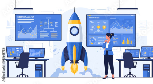 Businesswoman launching a rocket ship.