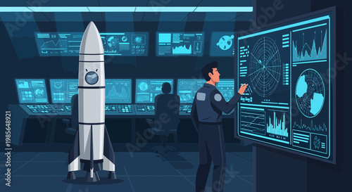 Man in uniform next to rocket.