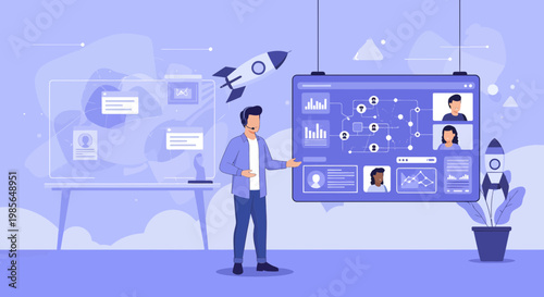 Man presenting on digital screen.