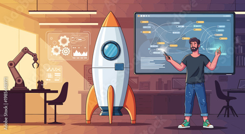 Man Presenting Rocket Model Indoors.