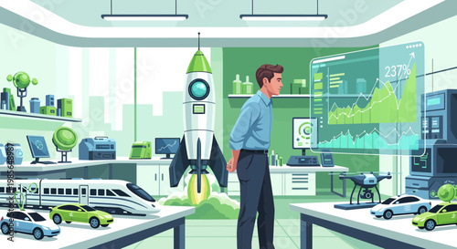 Man standing in front of rocket.