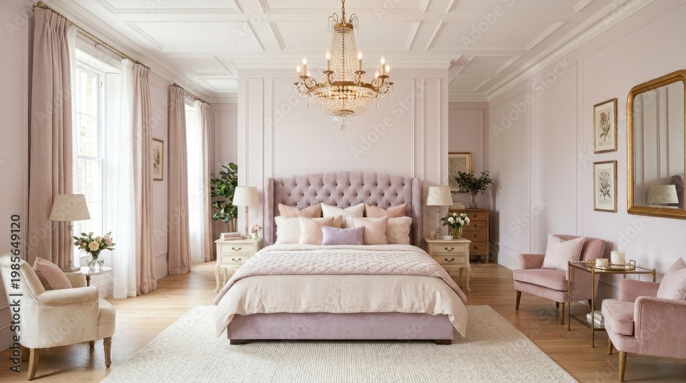 Fototapeta premium Elegant bedroom sanctuary with plush lavender tufted bed and soft pink accents