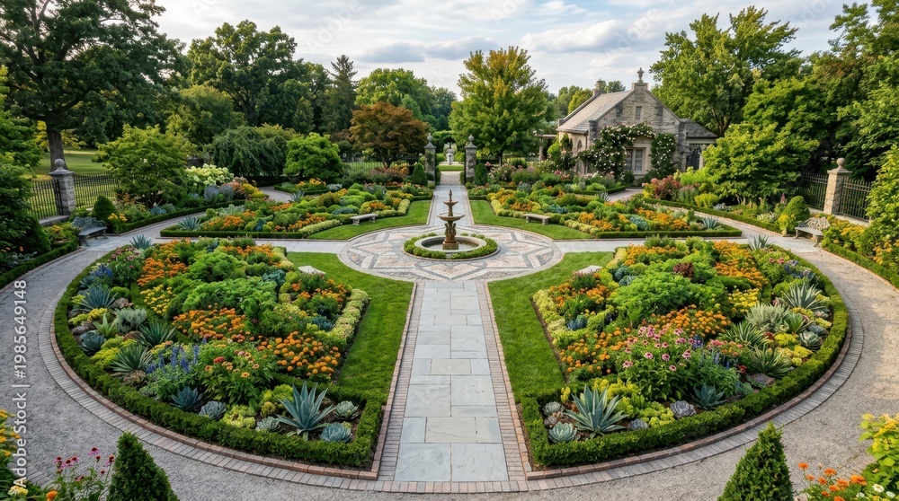 Obraz premium Formal garden with symmetrical flower beds and a central fountain