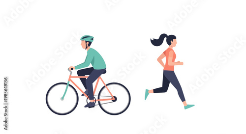 Dynamic illustration of a man cycling and a woman running, representing an active and healthy lifestyle with various fitness activities and recreational sports
