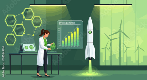 Woman in lab coat launching rocket.