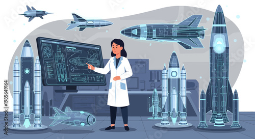 Woman in lab coat with rockets.
