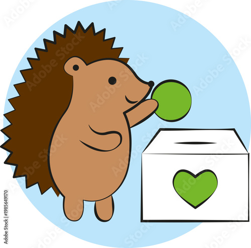 Icône / illustration vectorielle sur le don caritatif avec un hérisson (flat design, style cartoon, couleurs, sticker bleu)