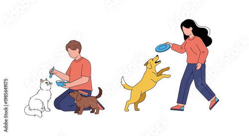 Pet owners feeding and playing with their beloved dogs and cats, demonstrating care and companionship