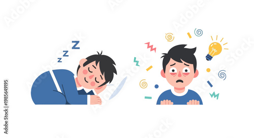 The stark contrast peaceful sleep leading to restoration versus sleepless nights causing stress, worry, and mental fatigue, impacting daily productivity and health