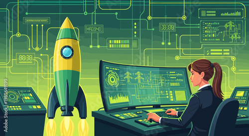 Woman launching rocket from computer terminal.