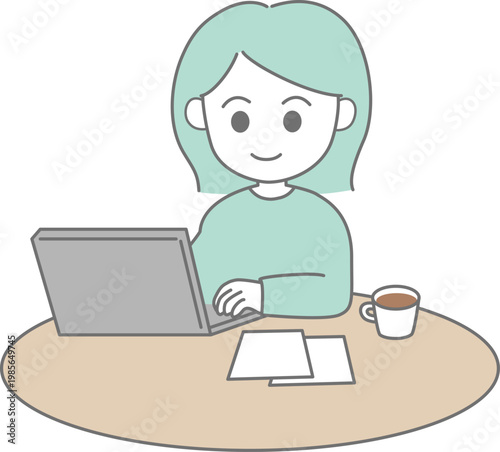 Woman working on laptop at a cafe illustration (remote work concept)