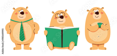 Cute teddy bear character with a tie, a book and a cup