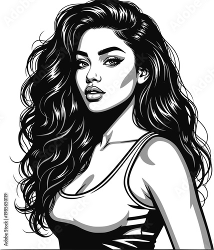 Stylized monochrome portrait of a woman with voluminous curly hair, design for salon branding, apparel prints, and beauty blog graphics. Vector illustration. Transparent EPS version.