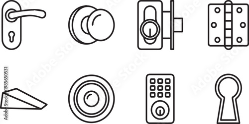 Door hardware line icon set, 8 black and white vector elements, metal door handle and lock icons, home security and entrance accessories
